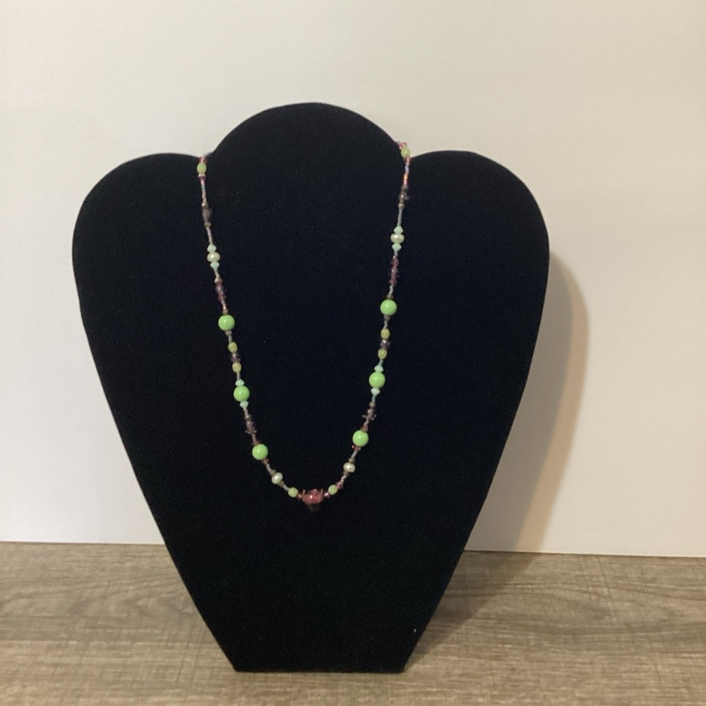 Vintage Beaded Necklace with Green and Purple Accents